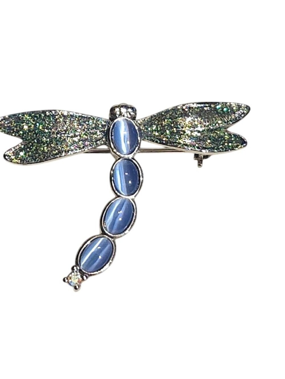 Dragonfly Brooch Iridescent Crushed Glass Wings  Blue Cats Eye Cabochons Vintage